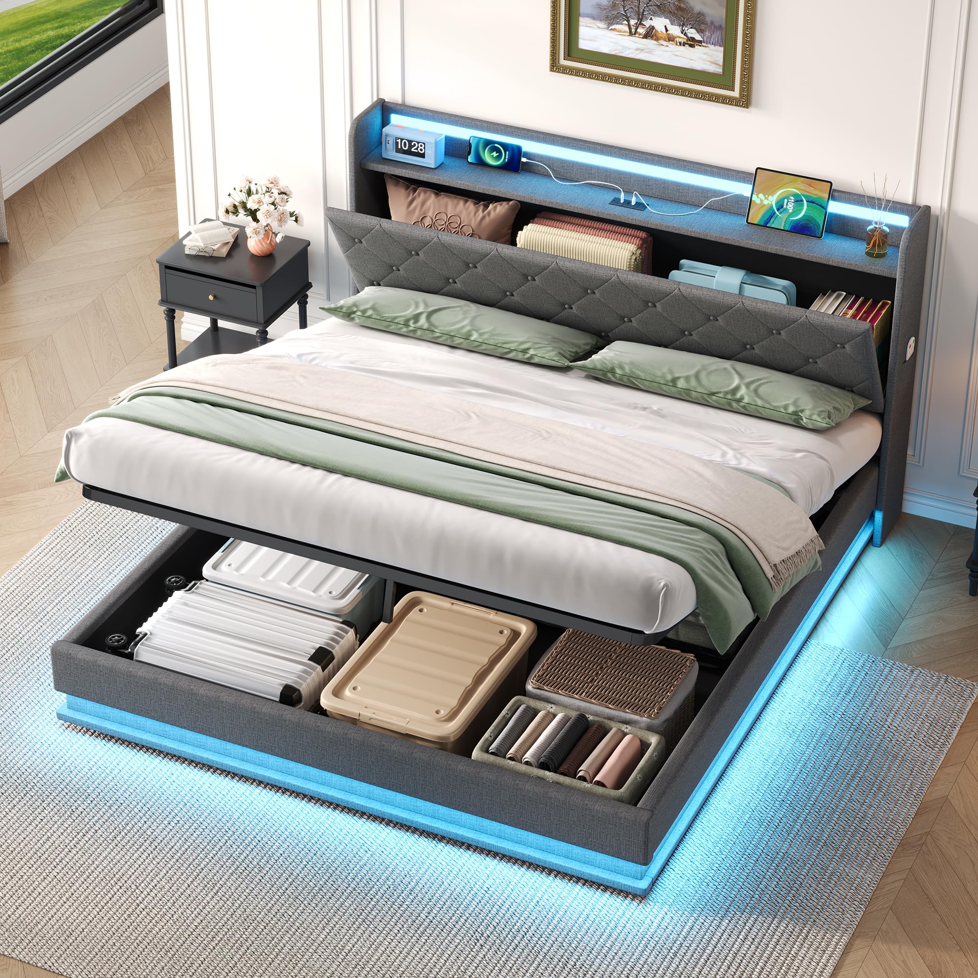 Ball & Cast Double Bed Frame with Storage, Ottoman Upholstered Bed Frame with Headboard Storage & Hydraulic, 4ft6 Linen Doube Bed Frame with LED-Lighting & Charging-Station, 135x190cm, Grey