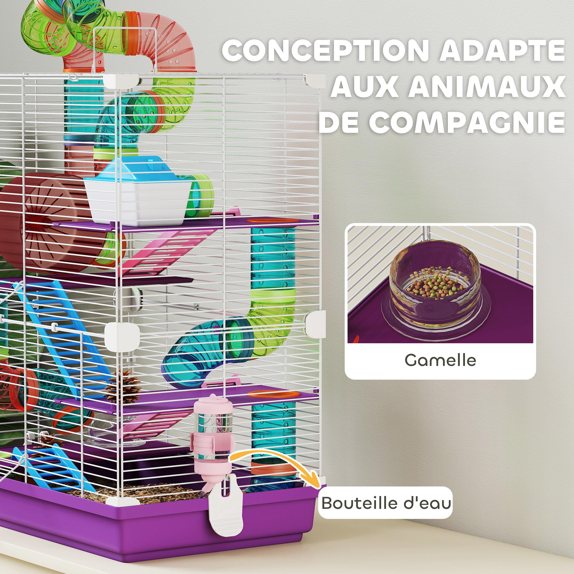 PawHut Cage pour Hamster Rongeur 4 étages avec Tunnels mangeoire Roue Maison échelles dim. 46L x 30l x 58H cm Violet - 5