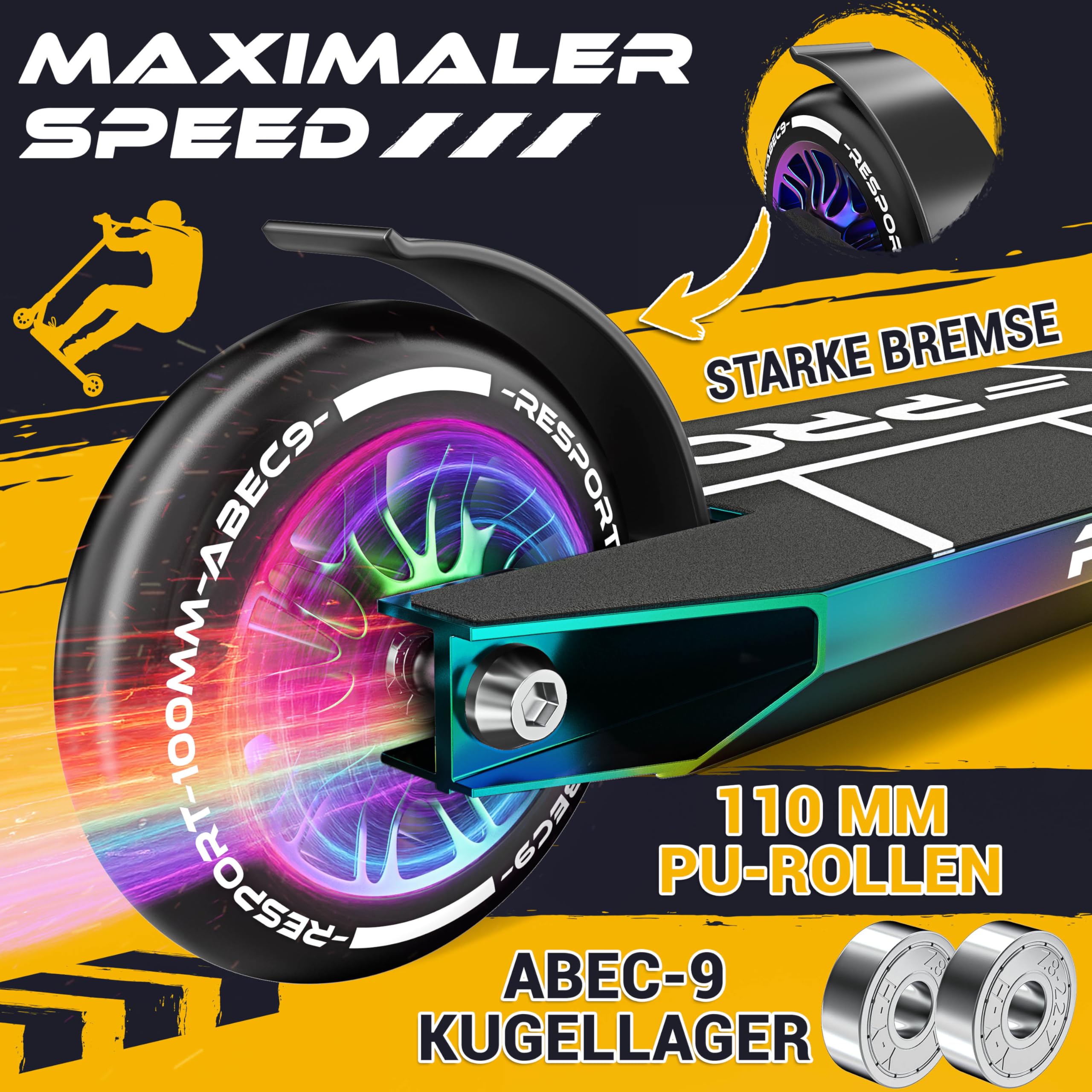 RE:SPORT® Stunt Scooter REVO PRO für Kinder & Erwachsene mit Ständer | Profi Stuntroller 110mm PU Wheels & Y-Bar | Stuntscooter Kickscooter ABEC 9 Kugellager | Tretroller Trickroller