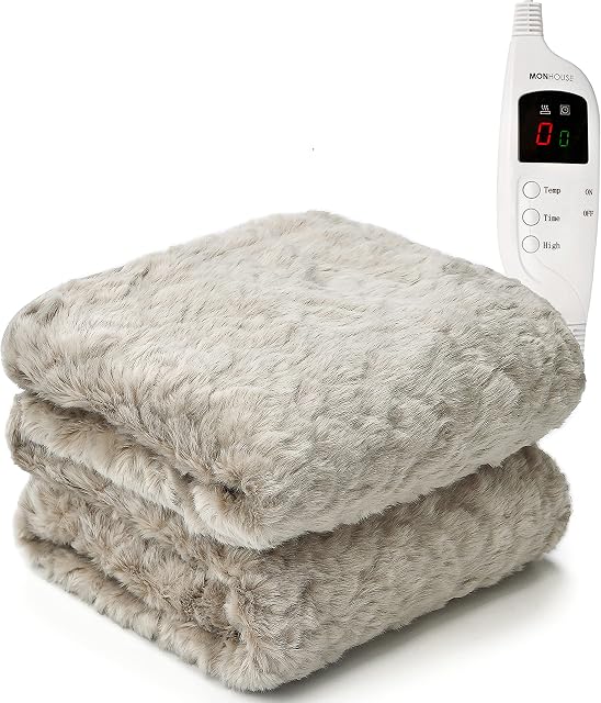MONHOUSE Heated Throw - Electric Blanket - Digital Controller - Timer up to 9 hours, 9 Heat Settings, Auto Shutoff - Machine Washable - Single 130X160cm - FUR