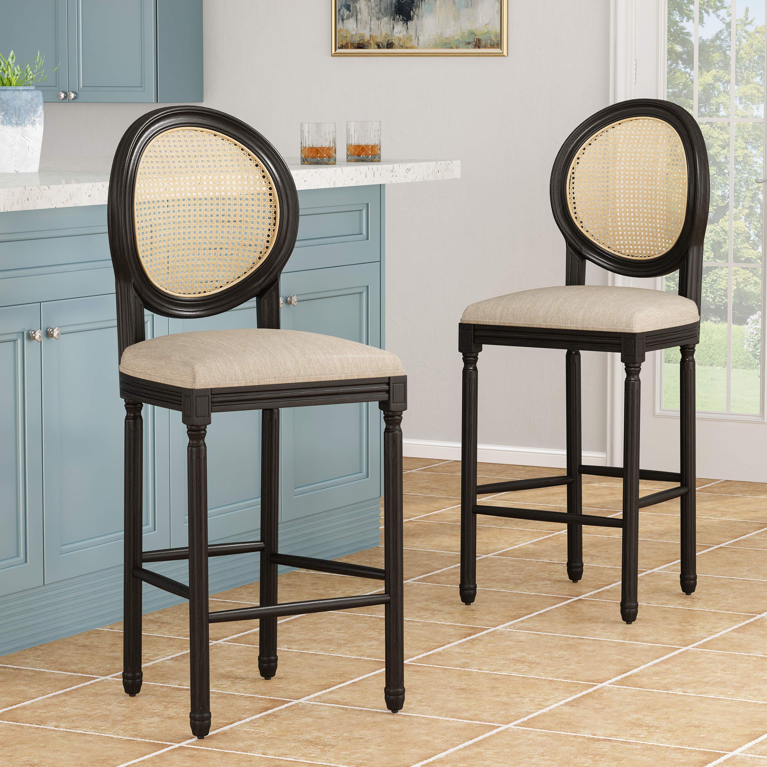 Christopher Knight Home Randy French Country Wooden Barstools with Upholstered Seating (Set of 2), Beige and Black