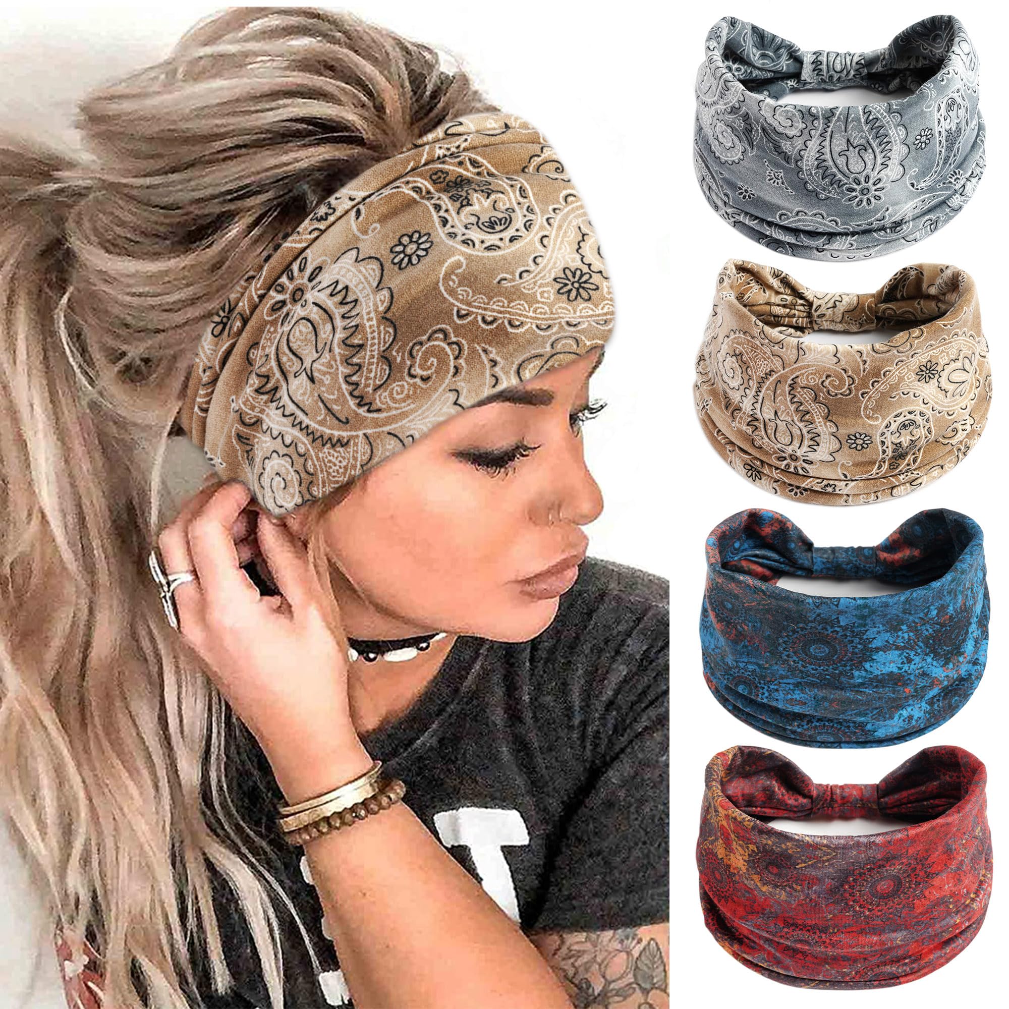 FULZTEY Boho Headbands for Women Fashion Paisley Head Band Floral Wide Headwraps Large African Thick Turban Non Slip Yoga Workout Sweat Hairband