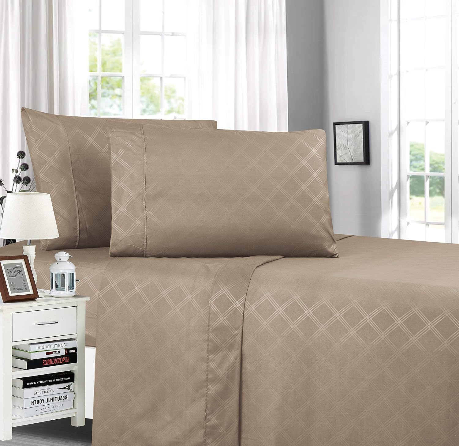 Elegant Comfort Plaid Embossed Collection 4-Piece Bed Sheet & Pillowcase Set, Soft Double Brushed Microfiber, Queen, Taupe