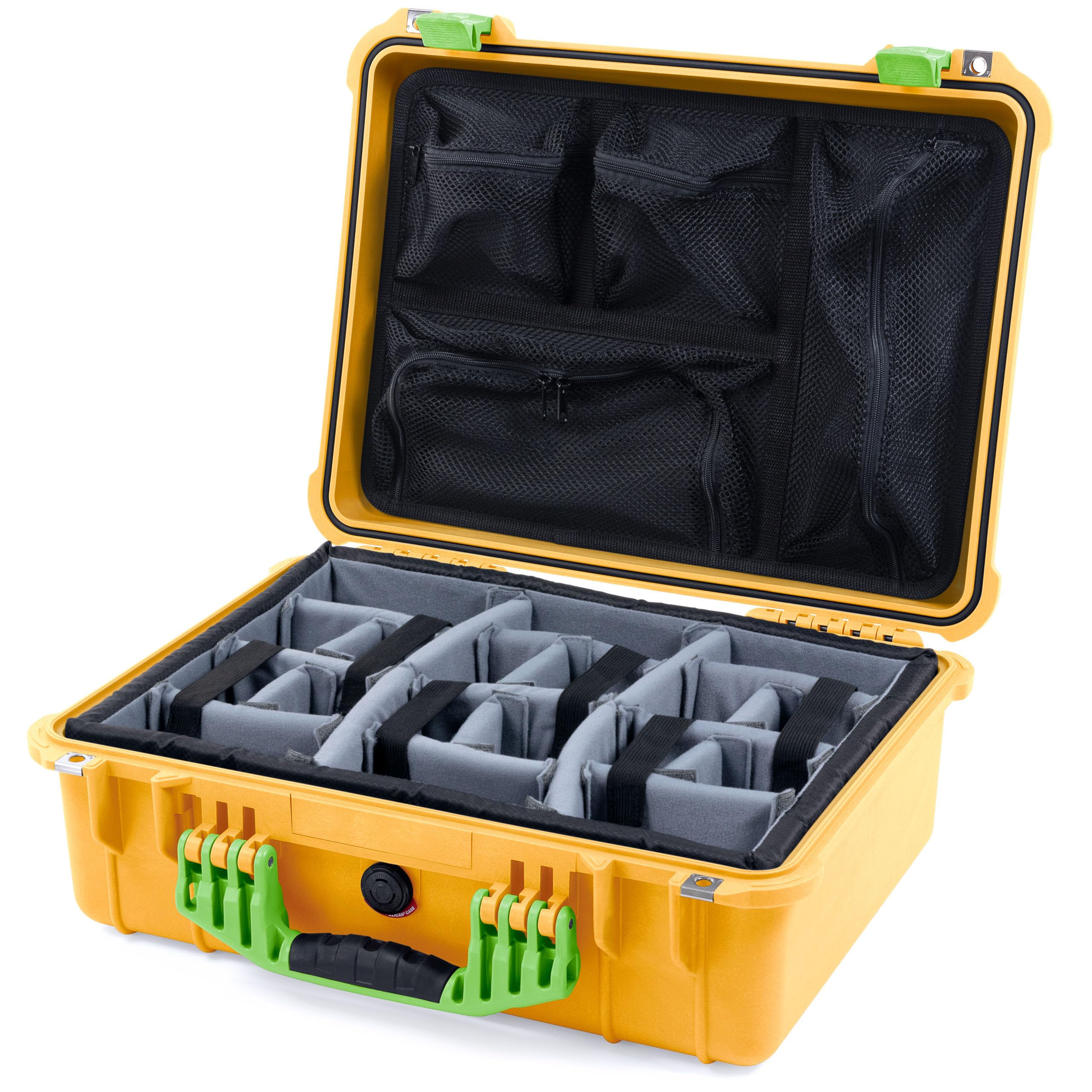 Pelican 1520 Case by ColorCase - Yellow - Medium Size Waterproof Case with Grey Padded Dividers & Mesh Lid Organizer - Lime Green Handles & Latches