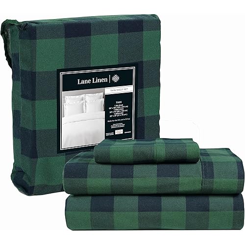 LANE LINEN 100% Cotton Flannel Sheets Set - Flannel Sheets Twin, 3-Piece Bed Sheets - Lightweight Bedding, Brushed for Extra Softness, Warm, Breathable, 16" Deep Pocket - Buffalo Check Green