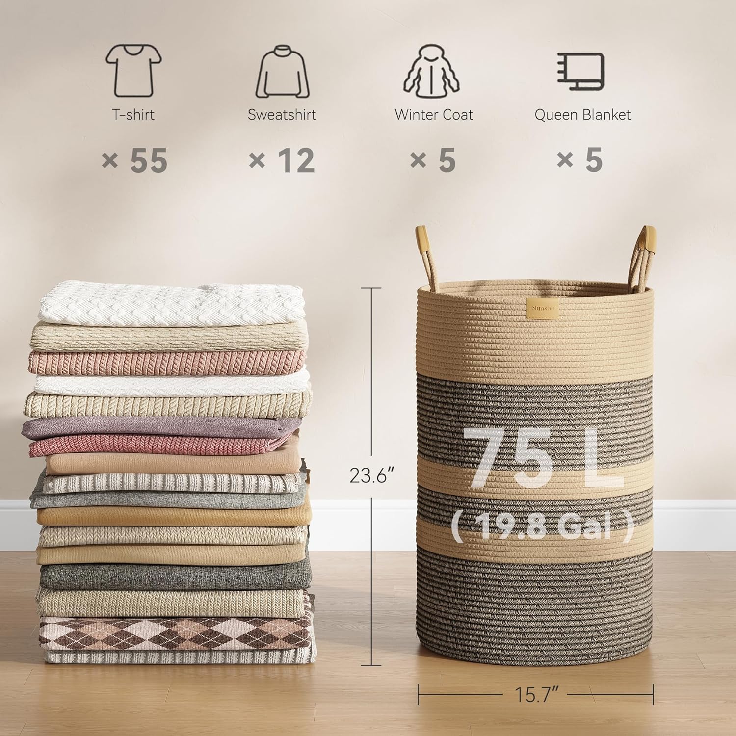 75L Striped Laundry Hamper with Leather Handles,Large Foldable Laundry Basket for Clothes,Cotton Rope Storage Bin for Blankets,Woven Clothes Basket for Bedroom,Dark Brown Stripes - Image 4