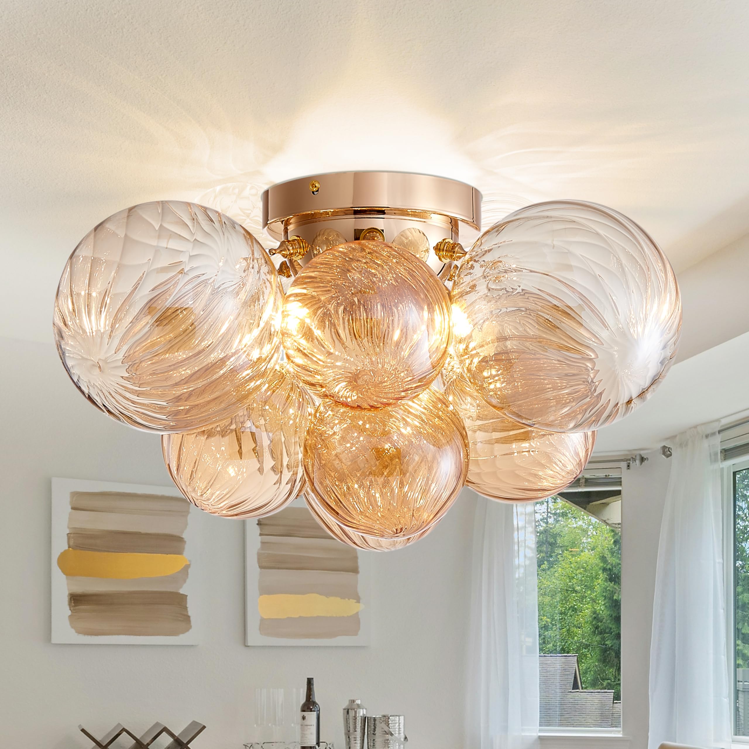 Modern Bubble Glass Ceiling Chandelier, 4-Light Flush Mount Lighting Fixture, Champagne Glass Globe Ball and Gold Canopy, W45/H22 cm, Ceiling Light Fixture for Living Room Bedroom Dining Room