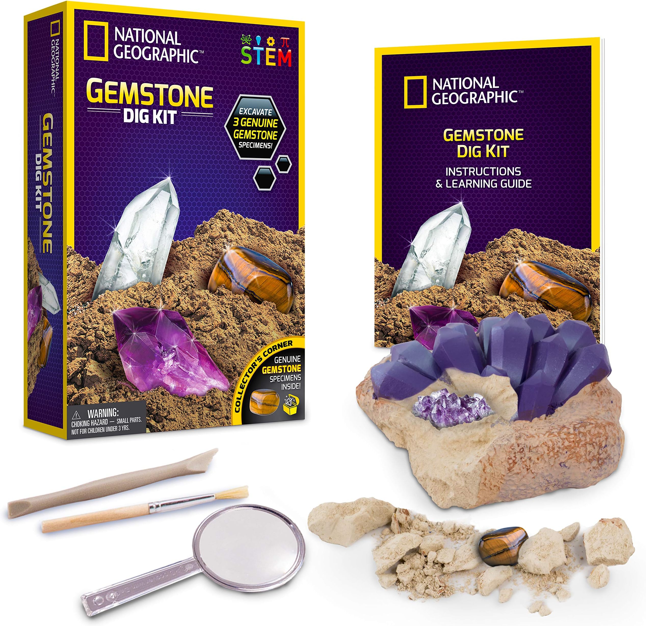 Gemstone Dig Kit - Fascinating Gem Excavation Kits for Kids with Authentic Amethyst, Quartz and Tiger's Eye | STEM Educational Science Kits Gifts for 8+ Year Old Boys and Girls