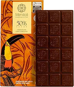 Mendoá, Barra de chocolate premium 50% de cacau ao leite, café com leite, 80 gramas