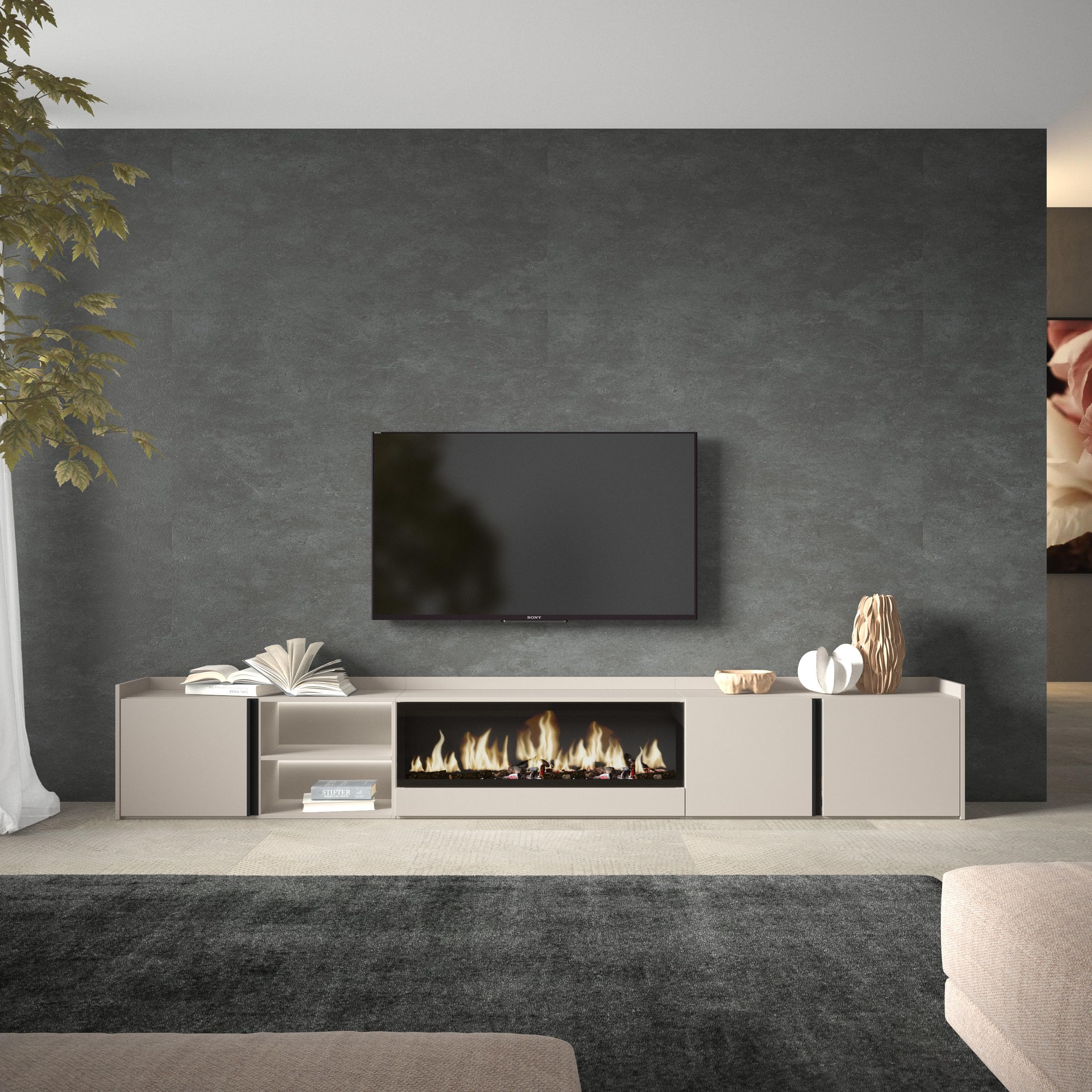 Skraut Home | Mobile TV Soggiorno | Ampio spazio a disposizione | 315x50x35 cm | Per TV fino a 80" | Camino elettrico XXL | LED | Stile moderno | Beige