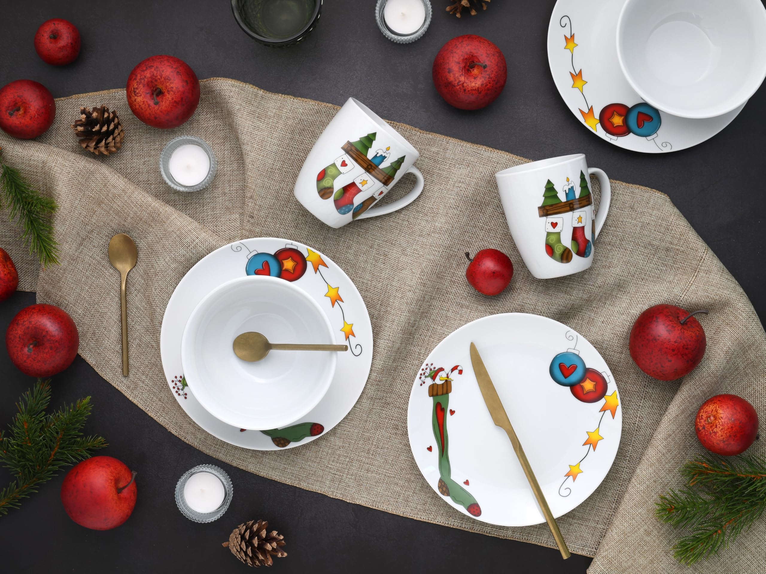 CreaTable, 21844, Serie Luna Socken, 18-teiliges Geschirrset für 6 Personen, Frühstücksset aus Porzellan, spülmaschinen- und mikrowellengeeignet, Qualitätsproduktion