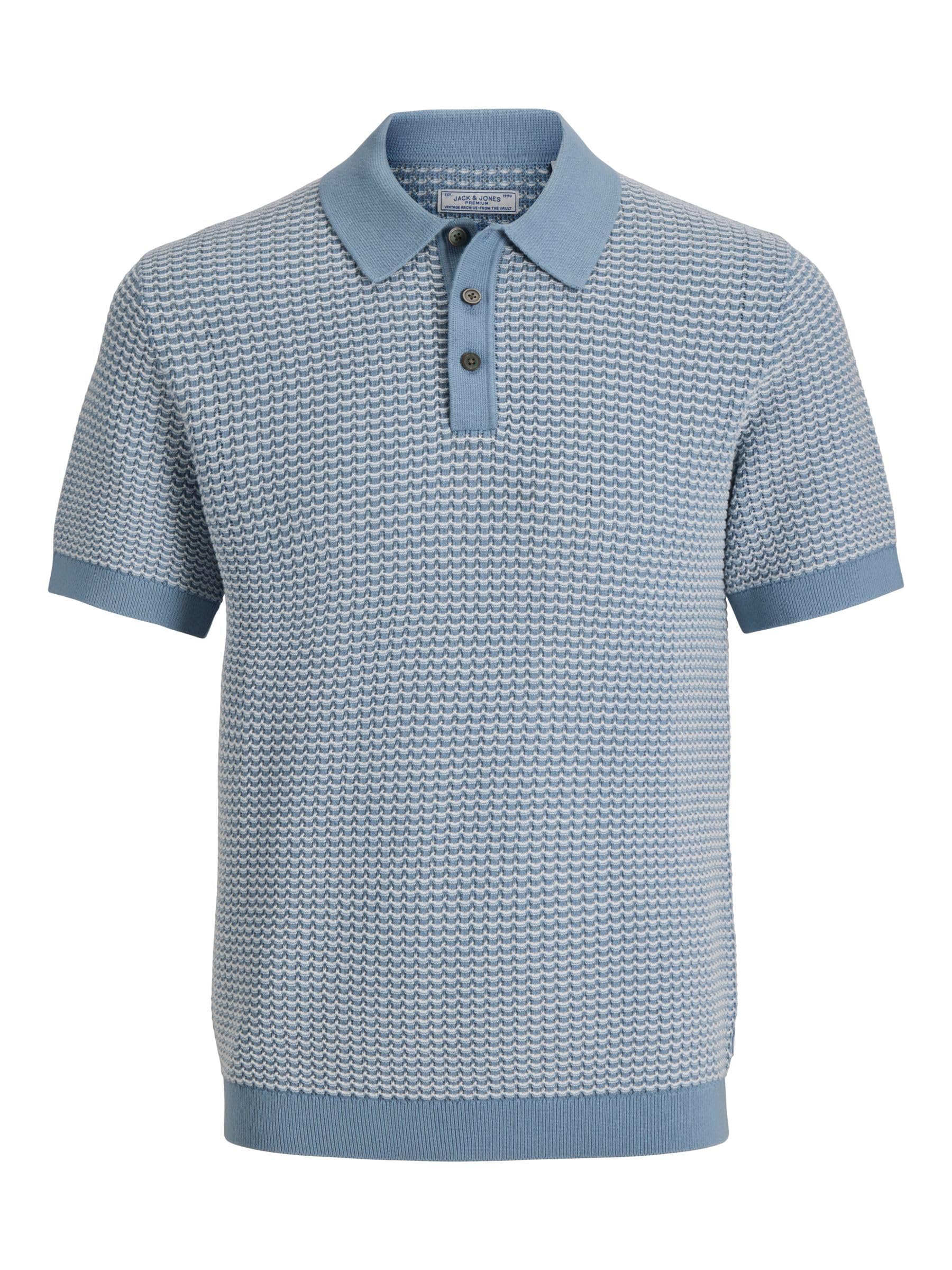 Jack & Jones Men's White Knit Polo Short Sleeve Ashley Blue/Twist - Size: 40
