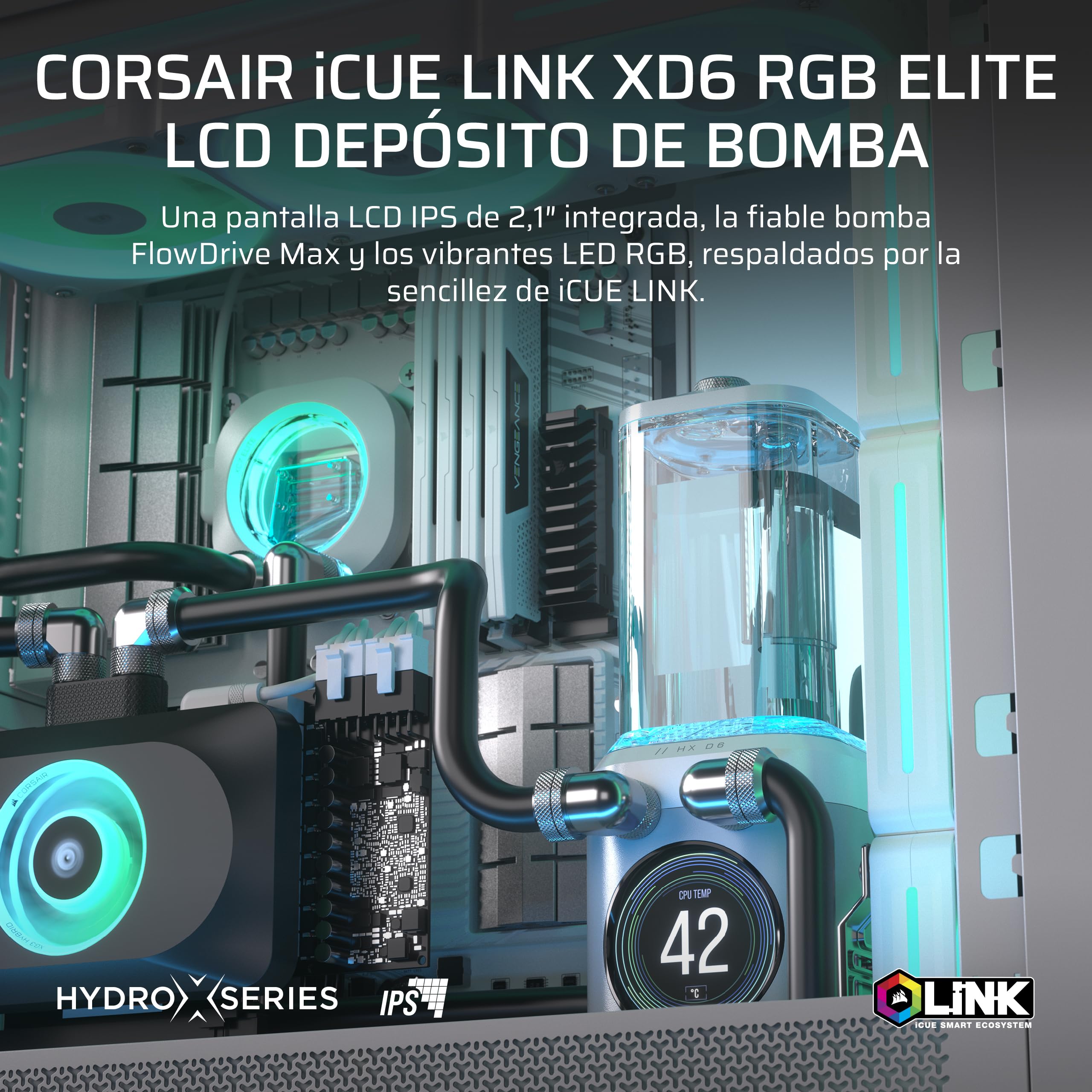 CORSAIR iCUE Link XD6 RGB Elite Unidad de Bomba/Depósito LCD – Bomba FlowDrive MAX, Pantalla LCD IPS de 480x480, Sensor de Temperatura Integrado, 22 LED RGB Direccionables – Blanco