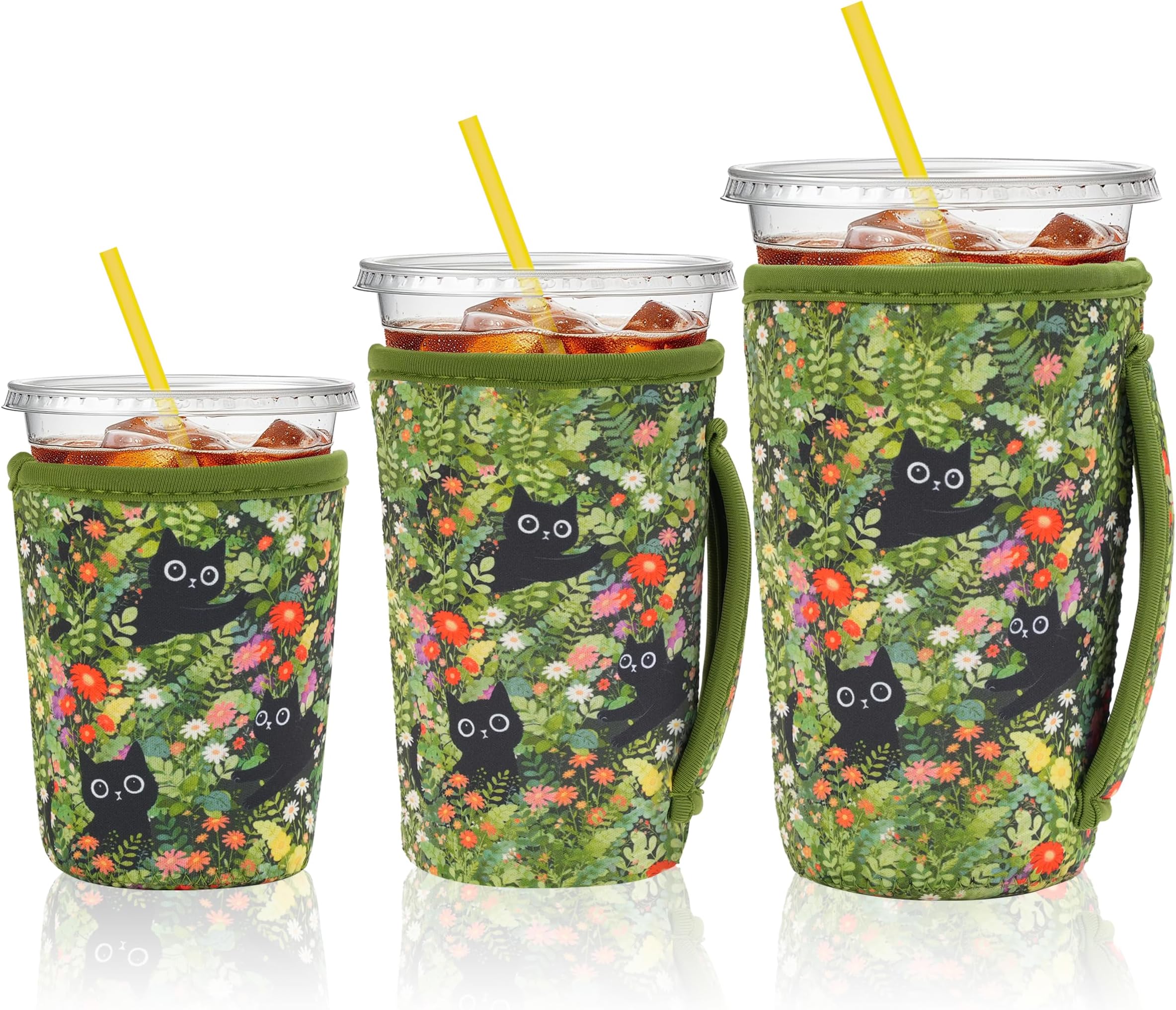 Reusable Iced Coffee Sleeves with Handle, 3-Pack Neoprene Insulated Cup Sleeves for Hot & Cold Drinks, Fits 16–32 oz Cups, Compatible with Starbucks, Dunkin & More (Cat Flower)