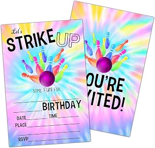 NYCTUG Tie Dye Colorful Bowling Birthday Party Invitation, Let's Strike Up! Invite Cards For Kids,Boys & Girls, 20 Double-Sided Fill-In Invitation With Envelopes,Party Favors And Supplies-D17