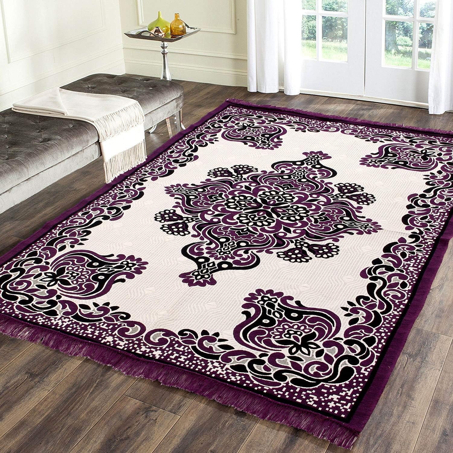 Braids Zesture Polycotton Damask Motif Design Multipurpose Foldable Modern Carpet - (4.5 ft x 6 ft, Wine-Black)