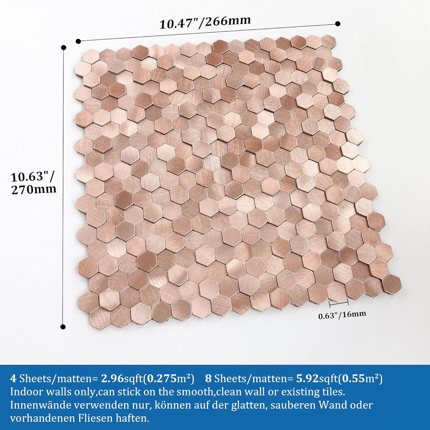 3D Metal Peel and Stick Backsplash for Kitchen,Mini Hexagon Tile Stickers Self Adhesive Wall Tiles Heat Resistant(8 Sheets,Rose Gold)