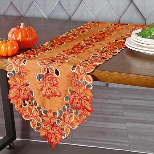 Miniatura 6 de GRANDDECO Camino de mesa de otoño de Acción de Gracias de 13 x 36 pulgadas con hojas de arce bordadas, decoraciones de mesa de cosecha de otoño para