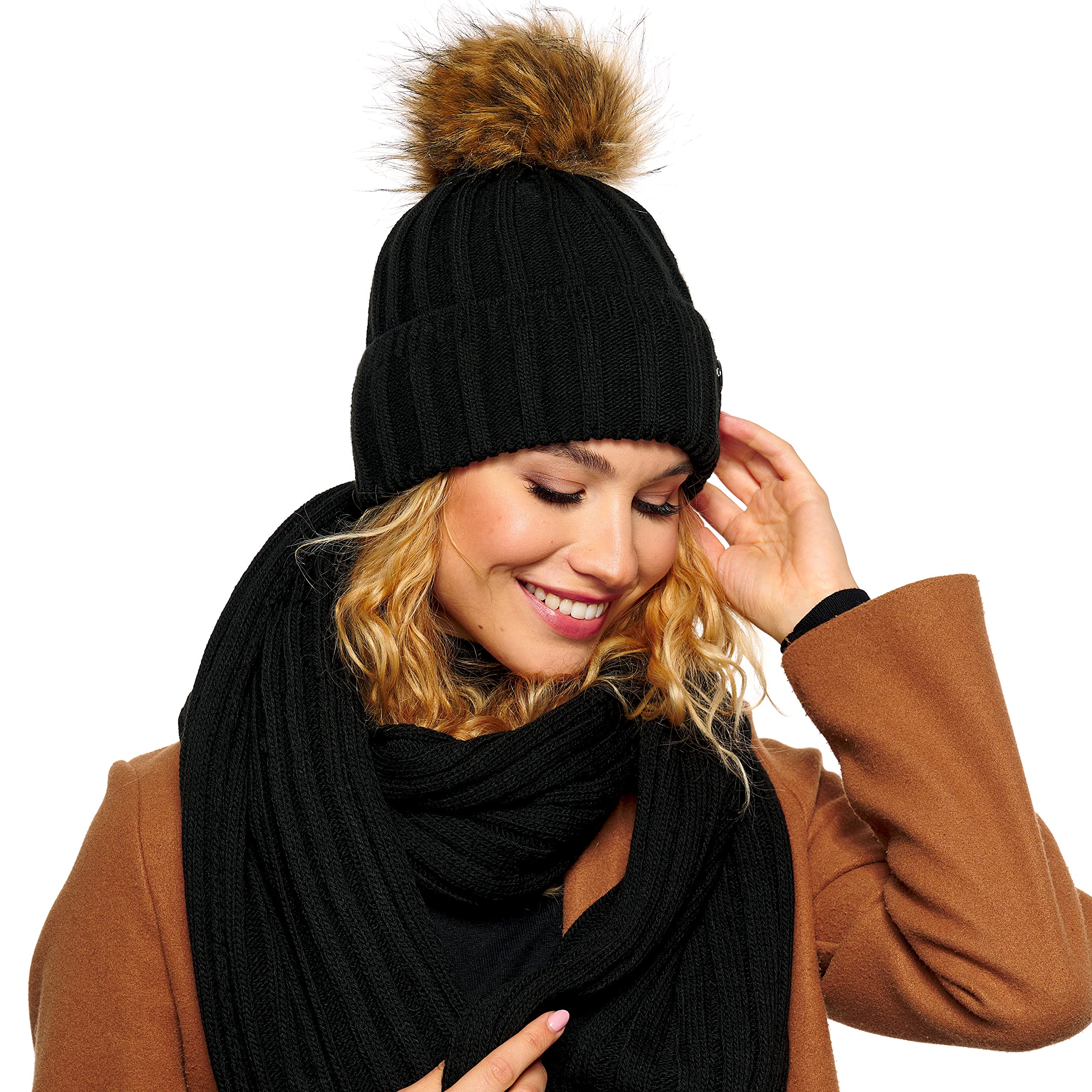 ELIMELI Gorro de cachemira para mujer, de invierno, cálido, gorro de lana con cachemira, gorro de invierno con pompón de piel sintética, gorro de punto para mujer, para invierno, gorro de pompón,