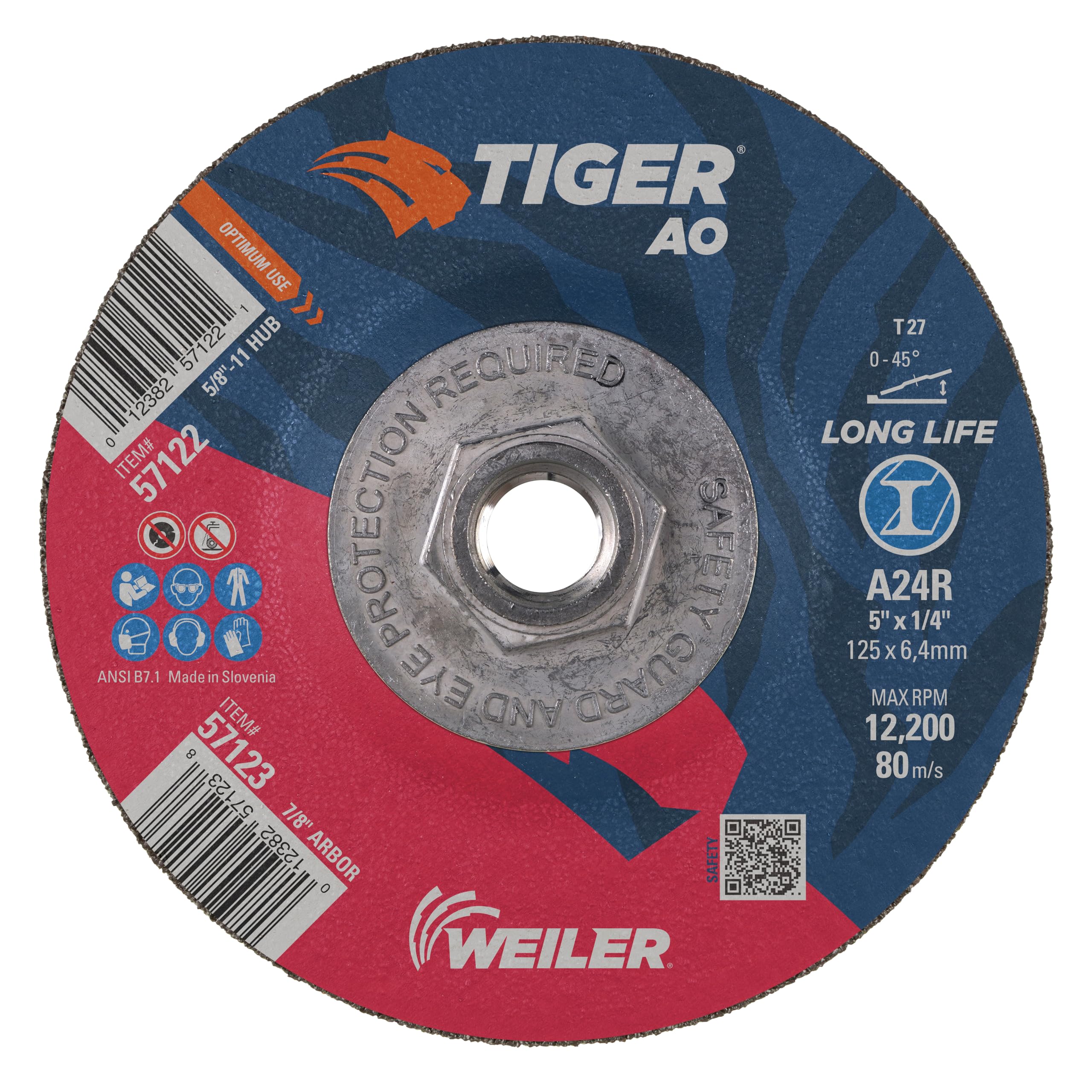 Weiler 57122 Tiger - Muela de 12,7 cm, tipo 27, 1/4 pulgadas de grosor, A24R, tuerca UNC de 5/8 "-11 (paquete de 10)
