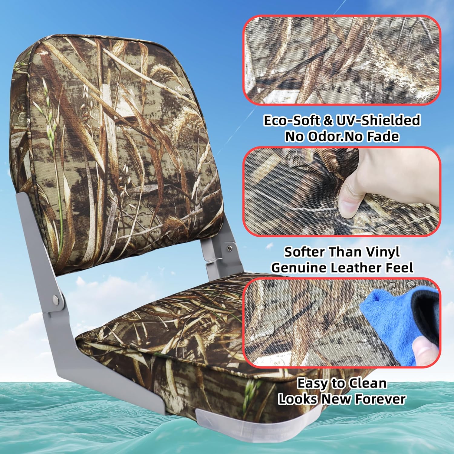 Boat Seats 2 Pack Clearance Low Back, Folding Premium Bass/Jon/Pontoon Boat Chairs, Fishing Swivel Boat Seat (Camo)