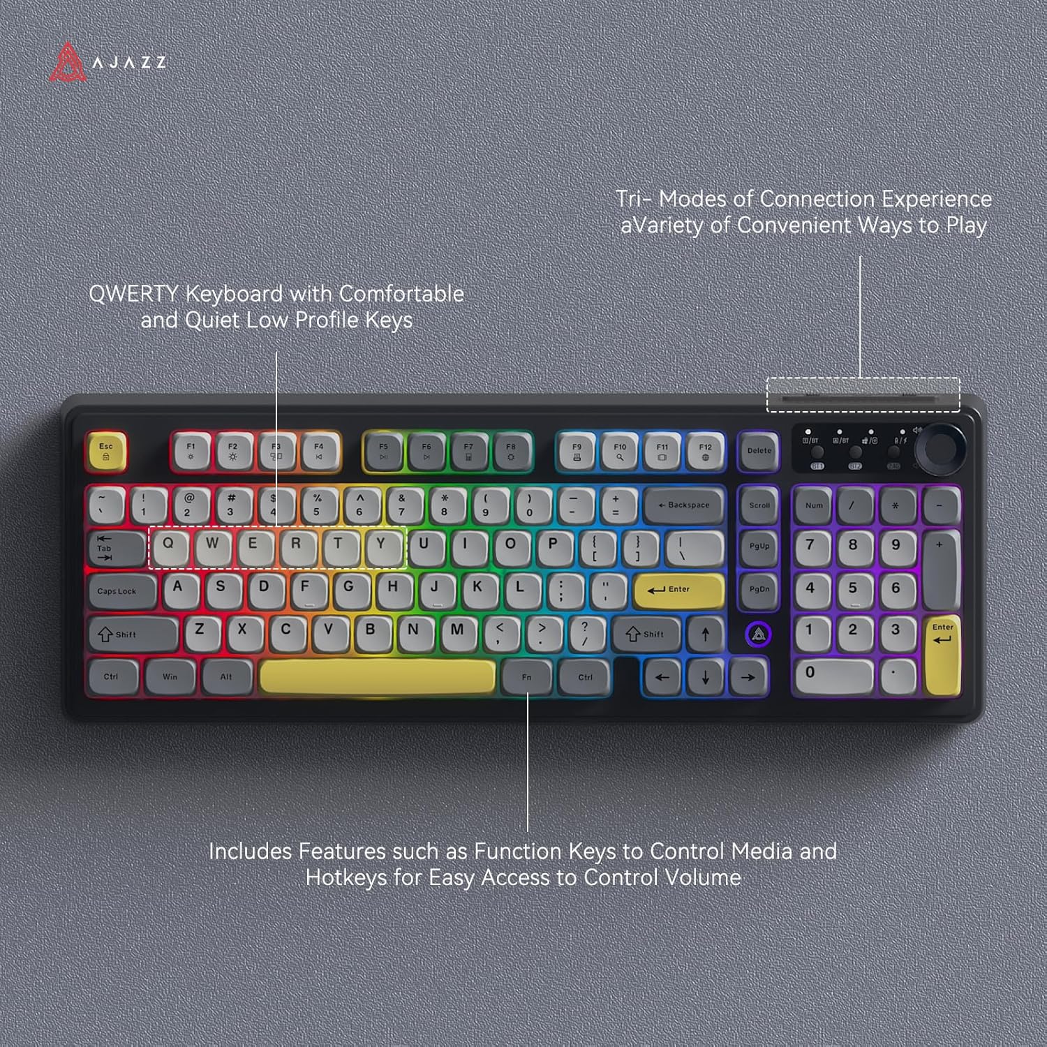 AJAZZ AF98Plus keyboard displaying vibrant RGB lighting across its keys, highlighting the QWERTY layout and function keys.