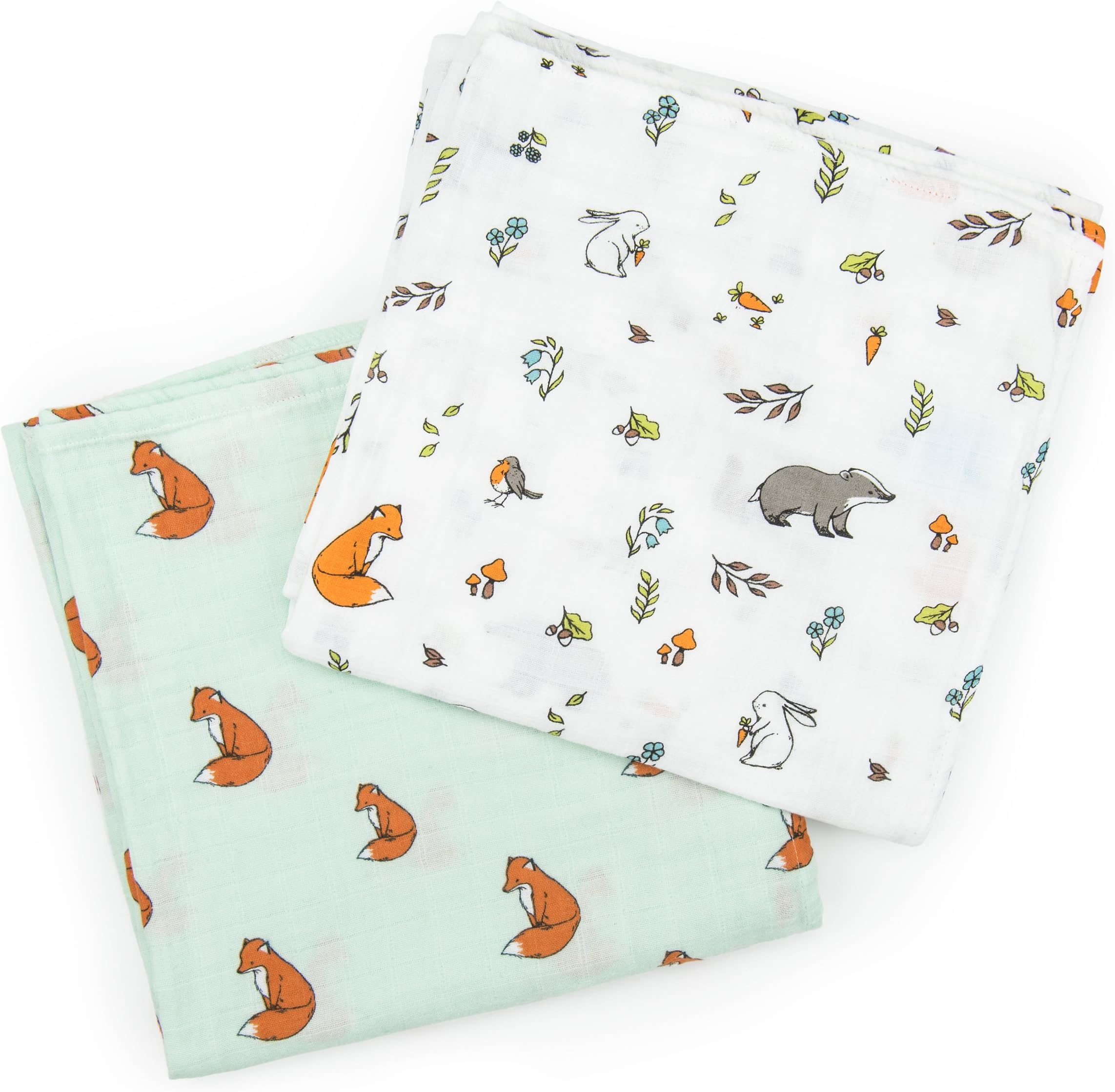 Organic Cotton Muslin Swaddle Blankets, X-Large, Woodland Friends Collection, Set of 2 (Gentle Fox + Into The Woods)
