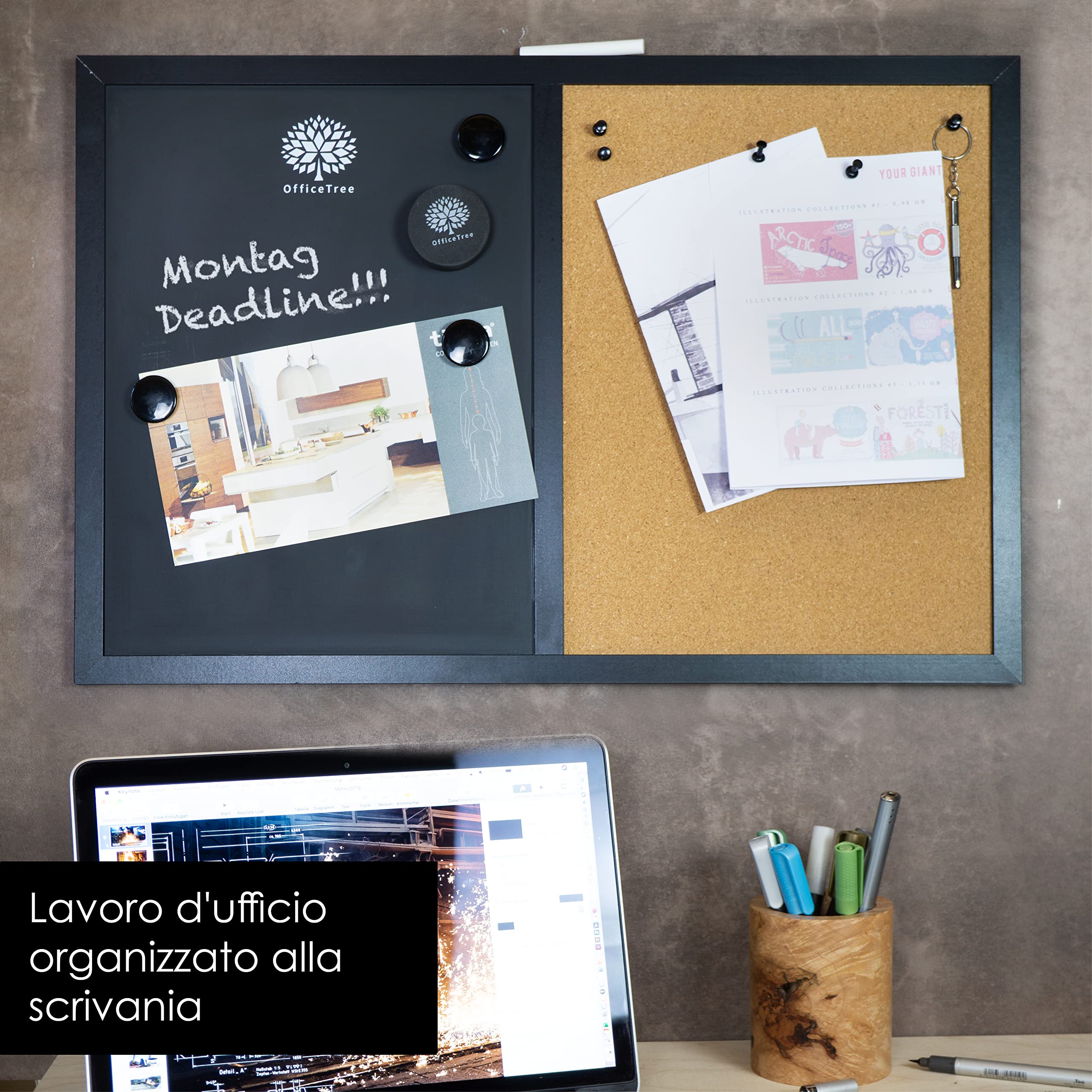 OfficeTree 60x40cm Lavagna magnetica da parete 2in1 Bacheca magnetica con lavagna sughero - Memo board con magneti, gesso e spugna