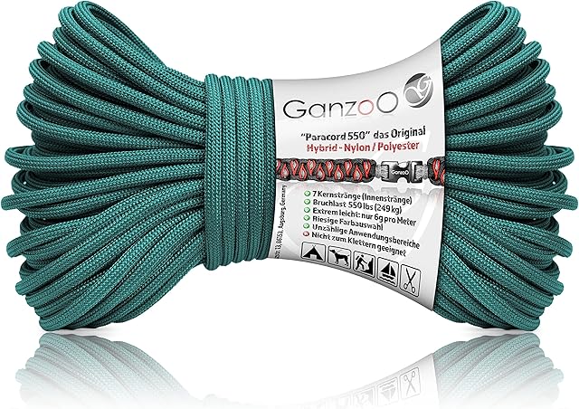 Ganzoo Paracord 550 linka naftowa/typ hybrydowy do bransoletek, smycz, obroży, nylon/poliester, linka hybrydowa, nowe wykonanie, 30 metrów (petrol)