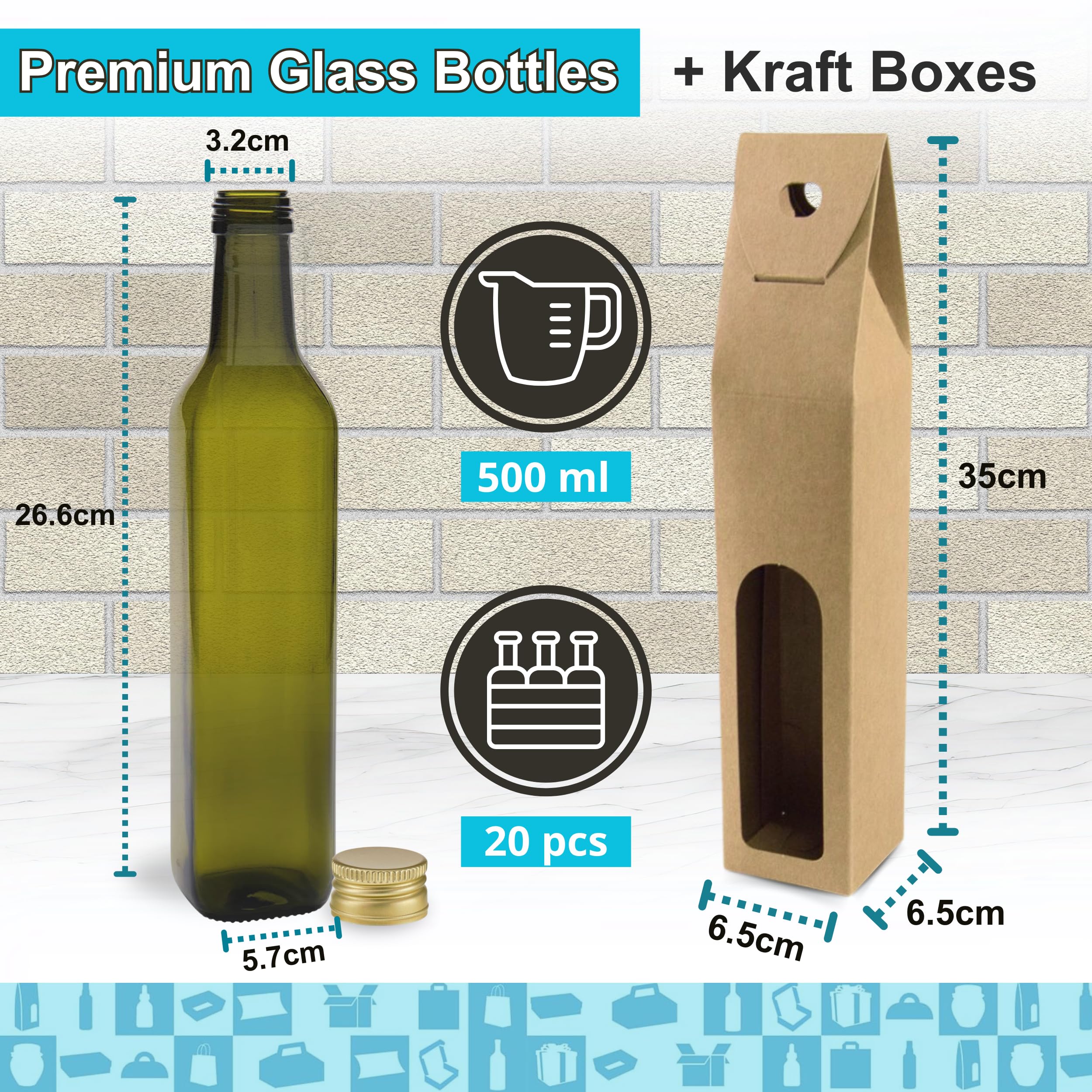 Espirito Rebelde 20 Flaschen aus dunklem Glas, 500 ml, mit goldfarbenem Schraubverschluss + 20 Dosen | Olivenöl, Essig, Alkohol | Ölflasche aus Glas