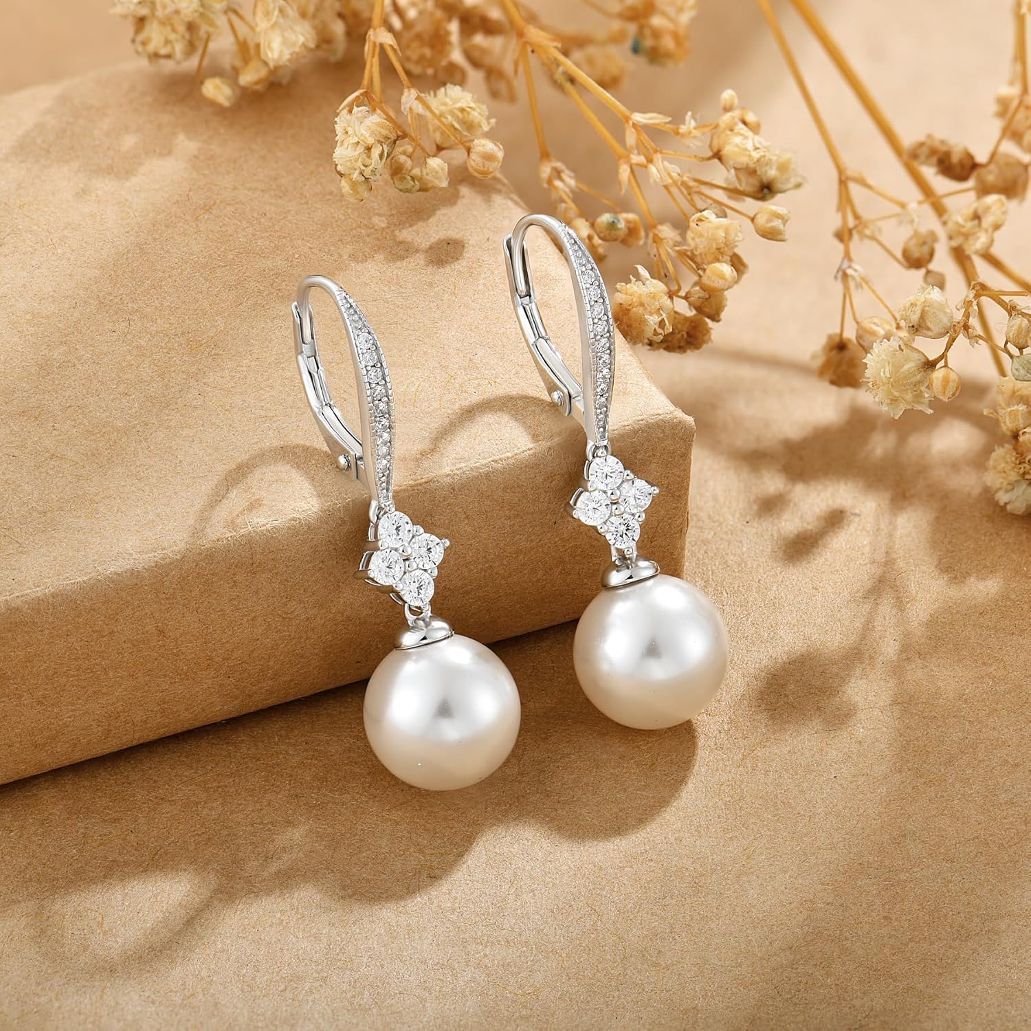 Women Pearl Earrings 925 Sterling Silver Leverback Dangle Drop Earrings 5A Cubic Zirconia Dainty Pearl Jewelry Valentine's Day Anniversary Mother's Day Birthday Gifts for Her - Image 3
