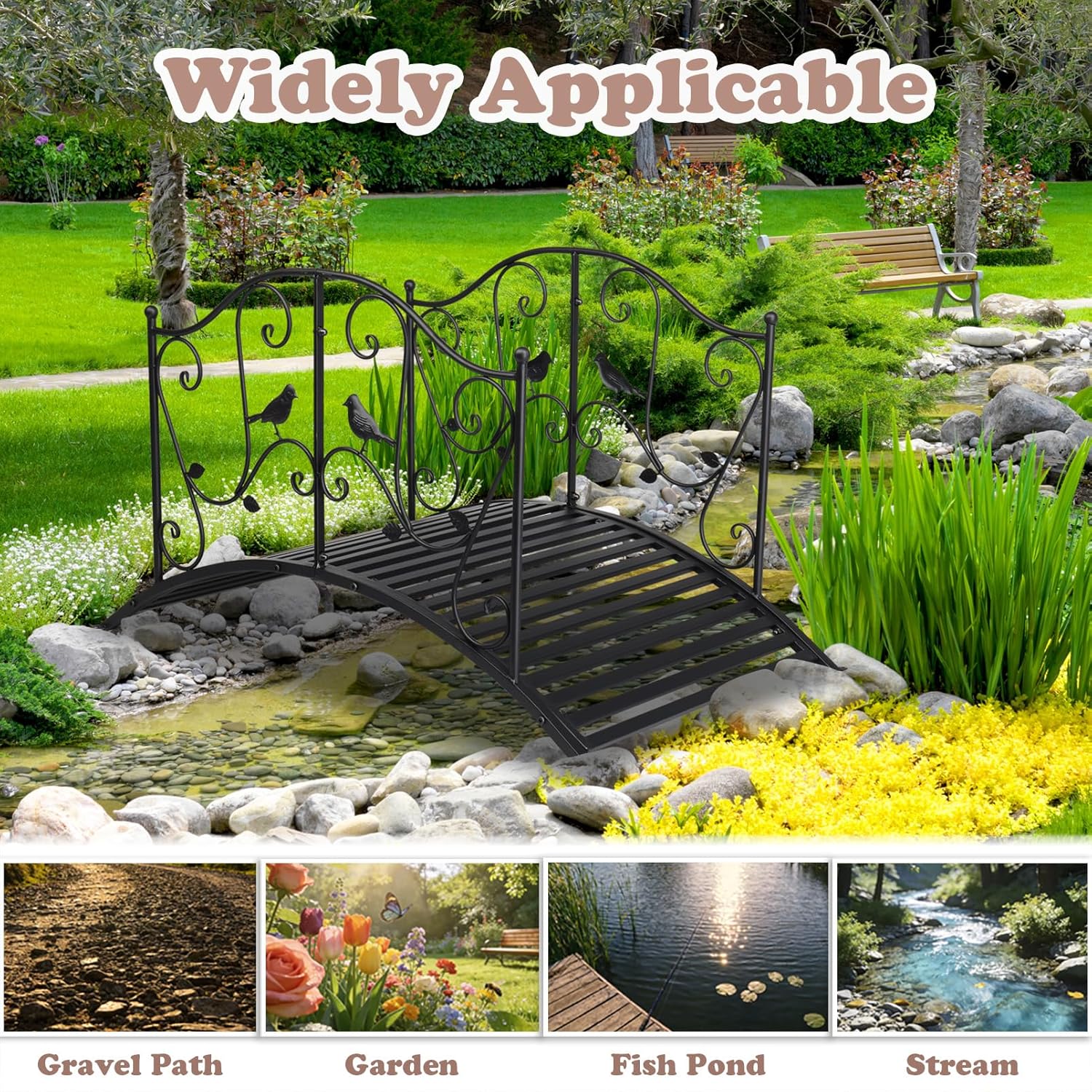 3.9 FT Metal Bridges for Outdoors, Arc Footbridge with Railings and Bird Pattern, Decorative Backyard Bridge Walkway Decorative for Lawn Patio Courtyard Pond Landscaping Path (Matte Black)