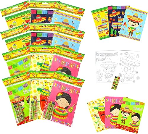 TINYMILLS Juego de libros para colorear de fiesta mexicana para niños, recuerdos de fiesta con 12 libros para colorear y 48 crayones para fiesta,