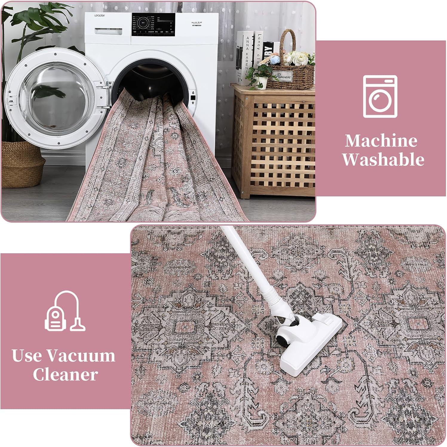 MilleLomm Living Room Rug 10x13 Non-Slip Machine Washable Area Rug Stain Resistant Soft Vintage Boho Floor Carpet Distressed Foldable Printed Carpet for Bedroom Nursery Laundry Room, Pink