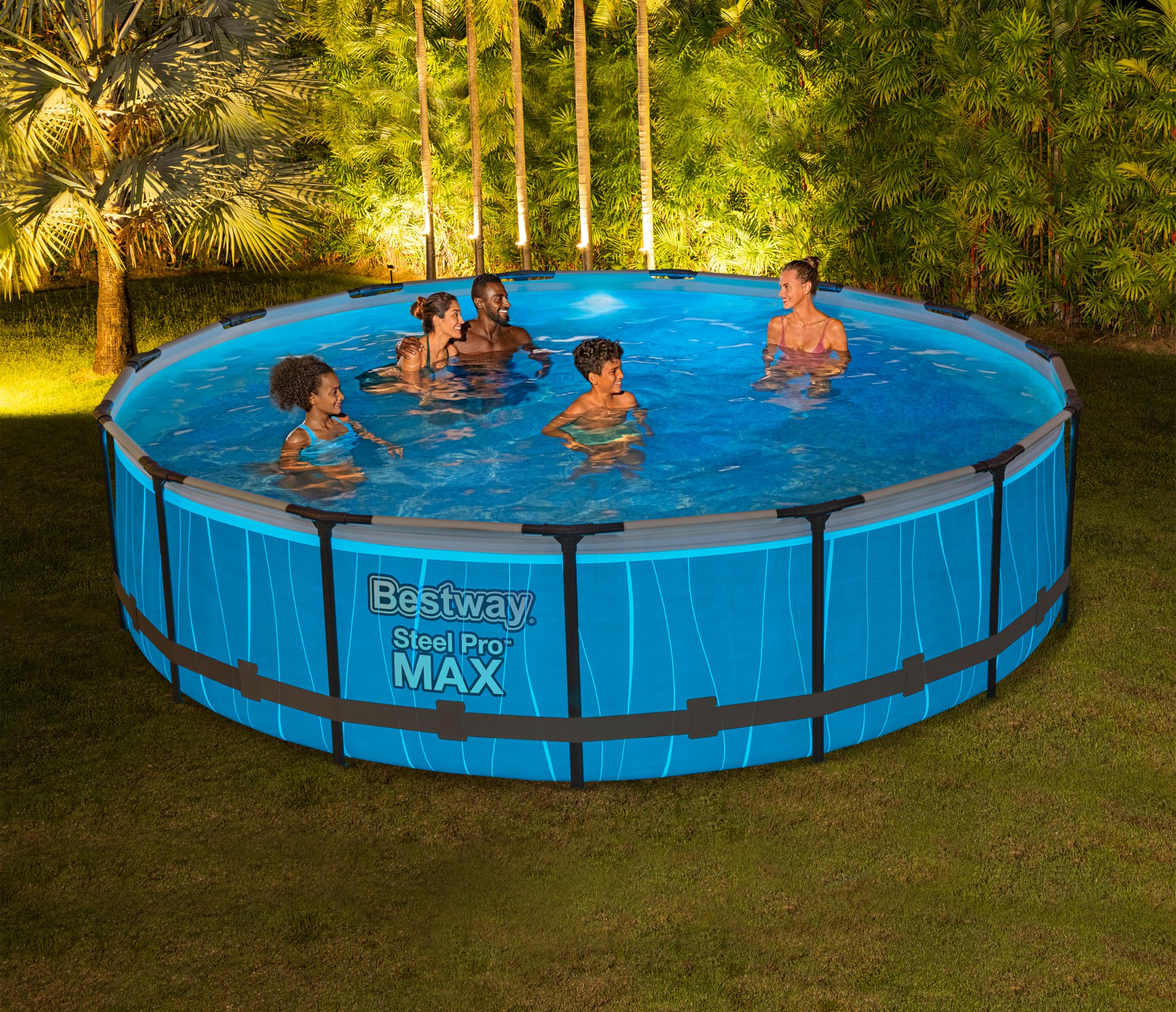 BESTWAY Steel Pro Max Rohr-Aufstellpool-Set 457 x 107 cm rund (mit Kartuschenfilter, Leiter, Abdeckung, LED-Licht)