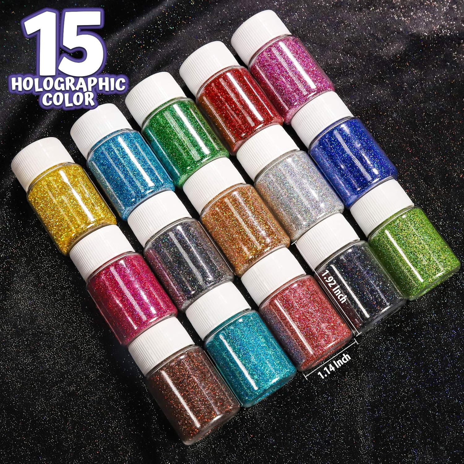 Holographic Fine Glitter, LEOBRO 15 Colors Extra Fine Resin Glitter Powder, Craft Glitter for Slime Jewelry Art Crafts Making, Cosmetic Glitter for Nail Body Face Hair, with 10 PCS Stir Spoons
