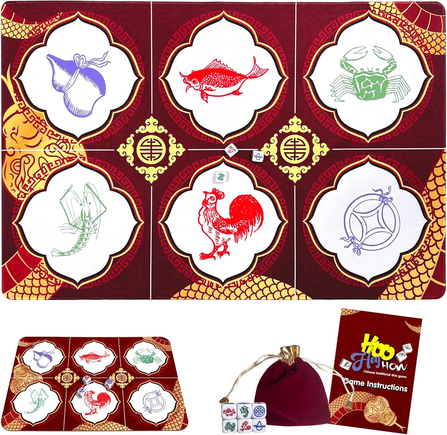 BAU Cua Ca Cop Game Set - Luxury 19.7"x27.5" Mat with 6 Dice, Asian Gambling Game for Lunar New Year, Family Gatherings & Parties, Fun Cultural Dice Game for Adults & Kids