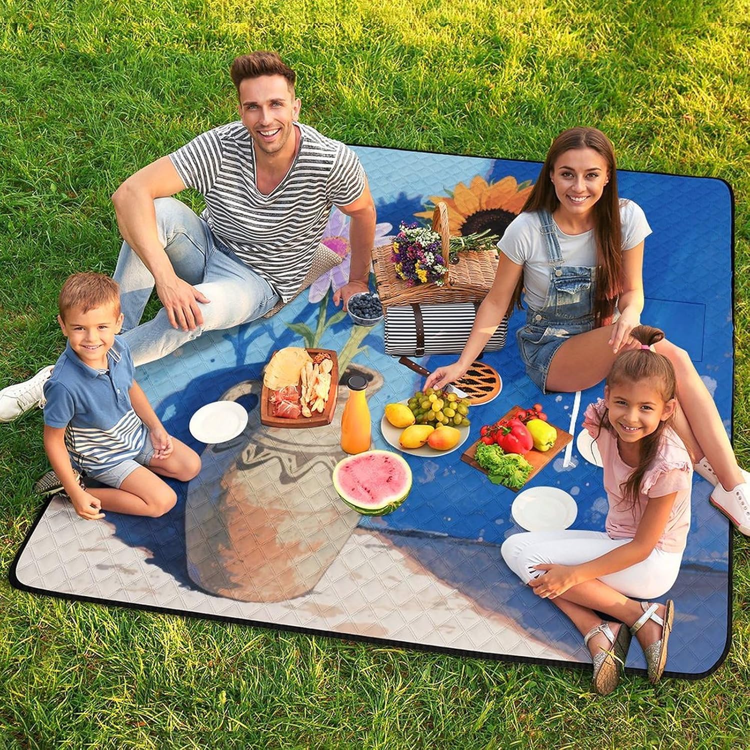 Daisy Sunflower Picnic Blanket 200x200cm, Foldable 2-in-1 Picnic Mat and Tote Bag Portable Waterproof Beach Mat Sandproof Outdoor Blanket for Park, Hiking, Beach, Camping, Travel