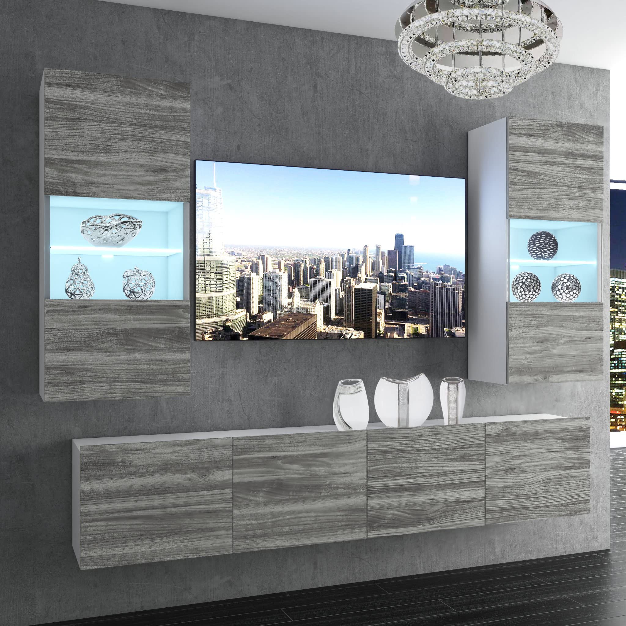Belini - Set completo da parete per soggiorno, moderno, con illuminazione a LED, in legno