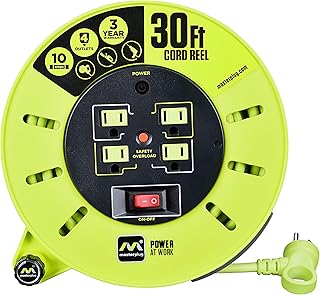 Masterplug Power At Work Four Power Outlets Cassette Cord Reel with Winding Handle, Safety Overload Circuit Breaker and Power Switch, 30 Feet 16AWG, High Visibility Cord, Green