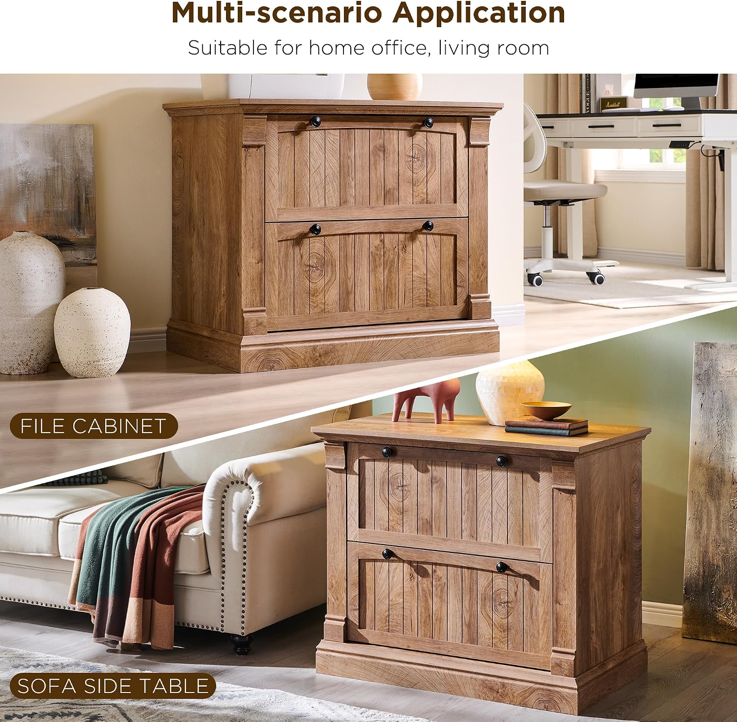 OKD Farmhouse File Cabinet with 2 Drawers, 35.3" Lateral Filing Cabinet with Hanging File Folders, Interlocking Drawers, Wood Rustic Storage Cabinet for Home Office, Living Room, Light Knotty Oak
