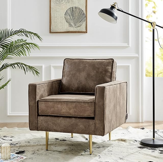 Bravich Modern Retro Accent Tub Armchair-Small Leather Chair/Single Sofa Couch With Padded Back & Gold Legs For Dining, Living Room, Bedroom& Home Office. House Decor Furniture-(78 x 76 x 84cm, Brown)