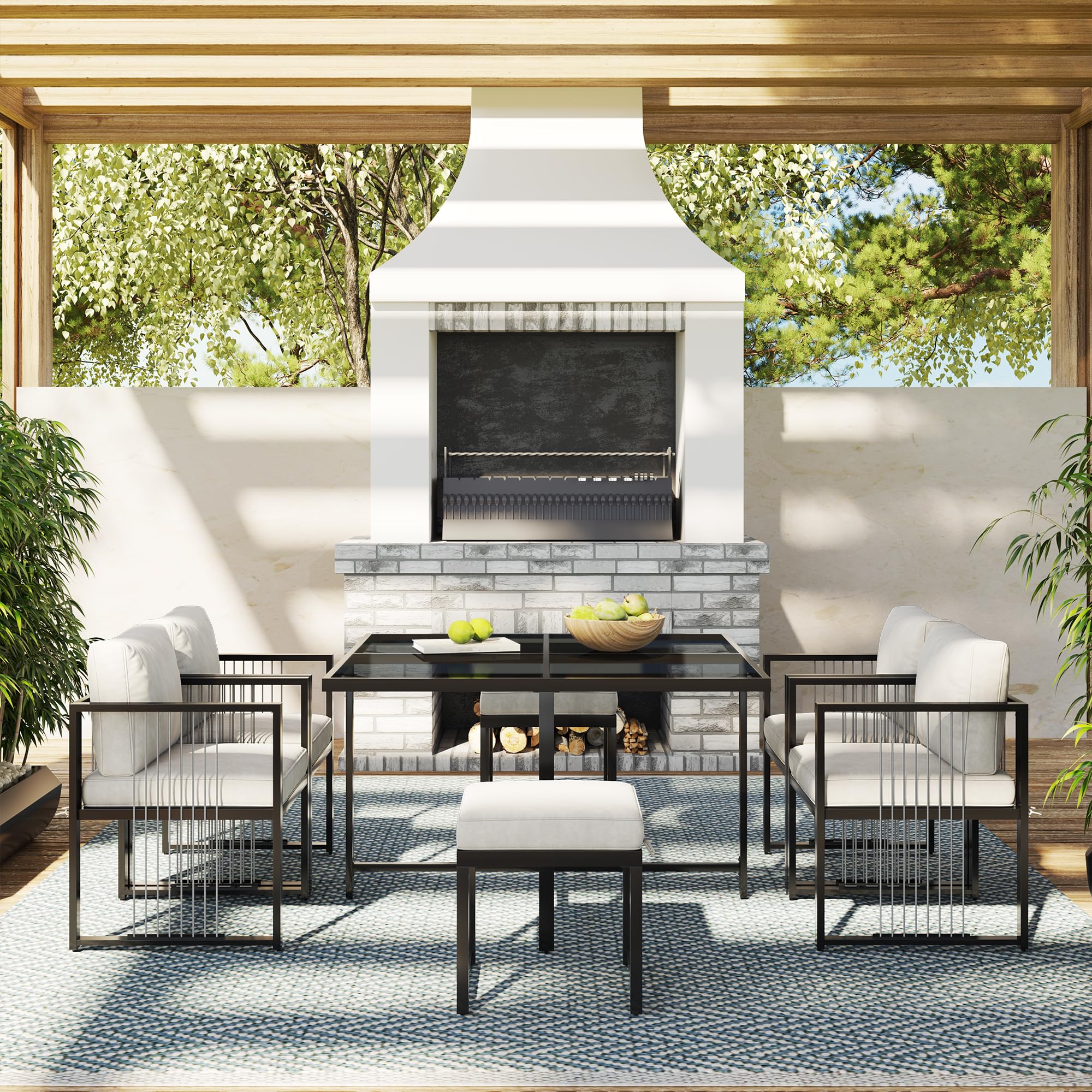 Set di 7 sedie e tavolo da pranzo da esterno per 6 persone, tavolo in vetro temperato, adatto per pasti in cortile, terrazza giardino