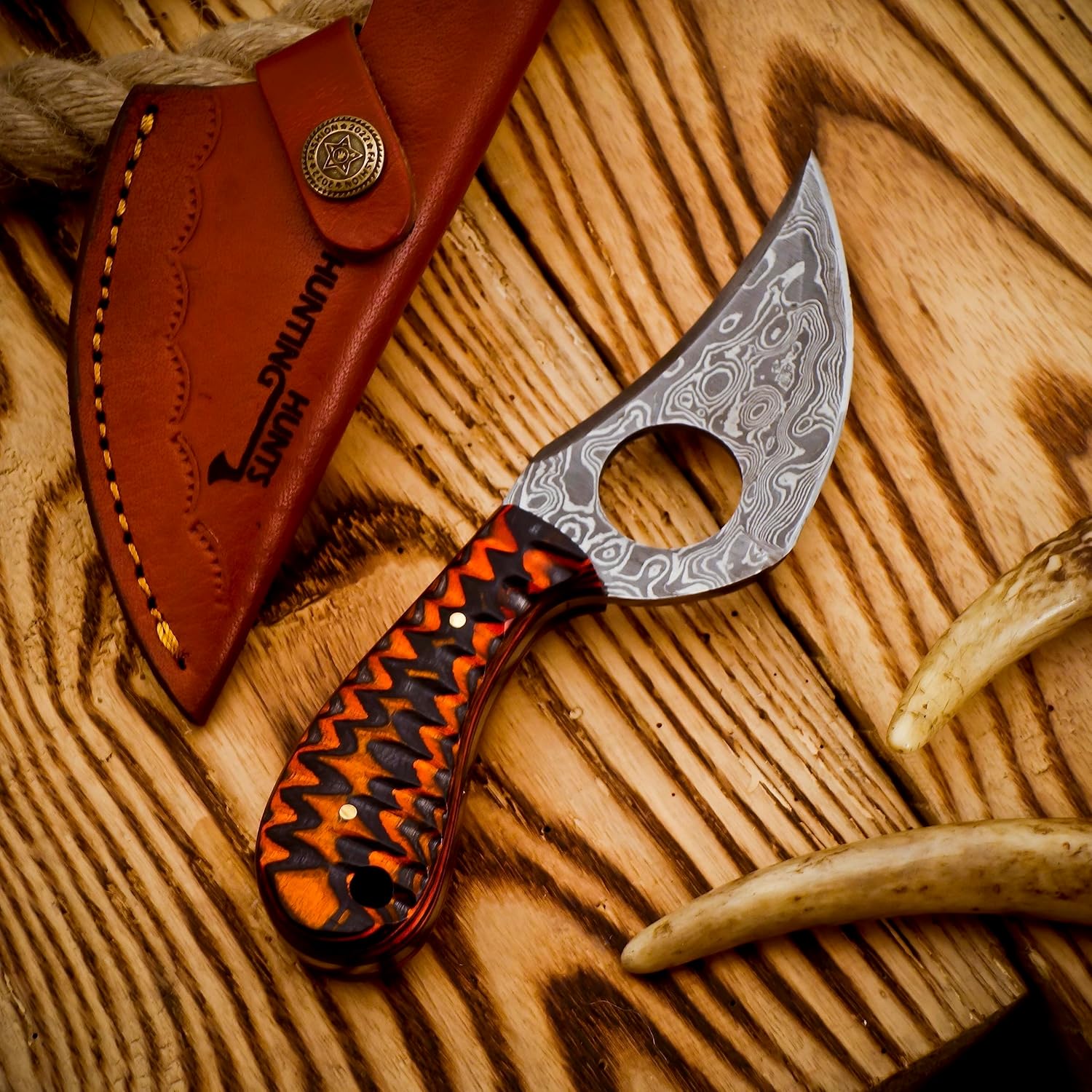 Predator Hunter - Handmade Damascus Knife with Leather Sheath - For Skinning, Camping, Outdoor - EDC 7” Fixed Blade Bushcraft Knives | Red Black Exotic Wood Handle - Image 7
