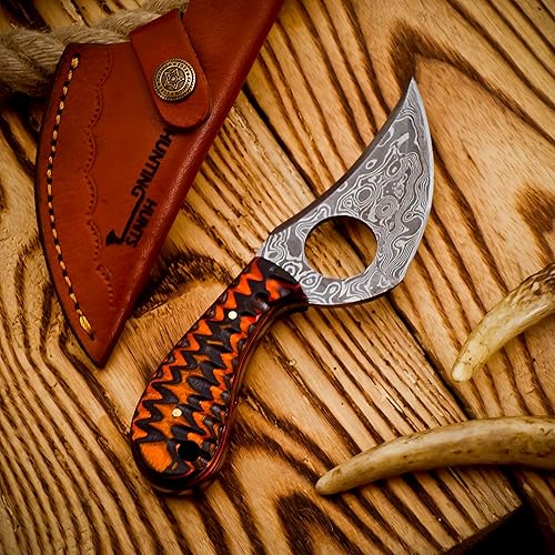 Miniatura 7 de Predator Hunter - Cuchillo de damasco hecho a mano con funda de cuero personalizada - Para desollar, acampar, al aire libre - EDC 7 pulgadas