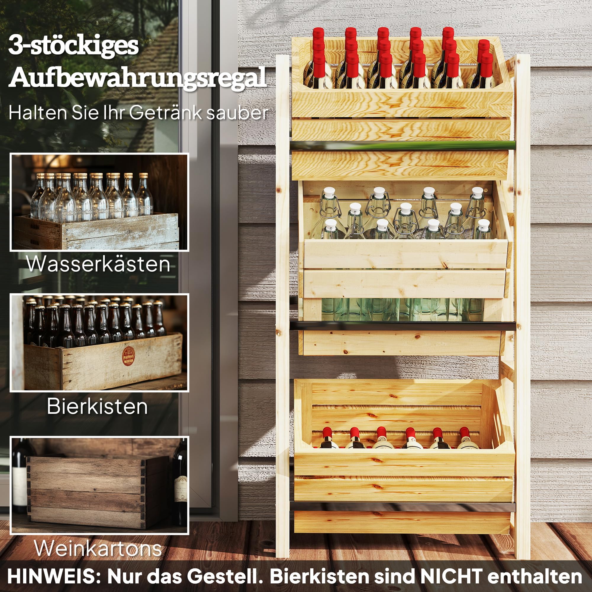 Outsunny Getränkekistenregal für 3 Getränkekisten Getränkeregal Holz Kistenregal mit 3 Ebenen freistehend Getränkekistenhalter belast 150kg Kistenständer für Bier, Wasser 56 x 32 x 112 cm Naturholz