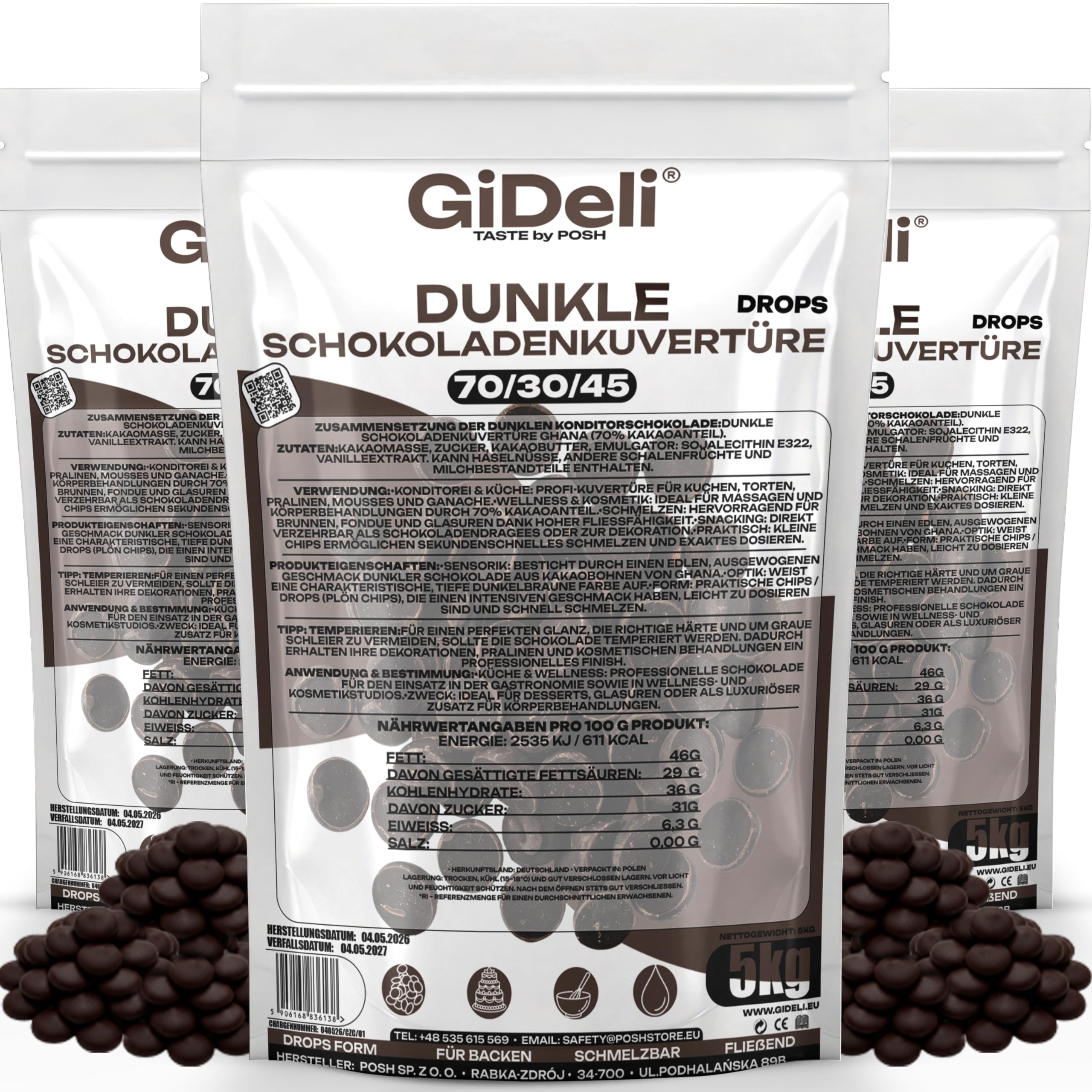 GiDeli Dunkle Schokoladenkuvertüre 70% Drops 3x5kg - Professionelle Zartbitterschokolade zum Temperieren - Kakao aus Ghana - Fließfähigkeit 45 - Ideal für Torten, Pralinen & Ganache