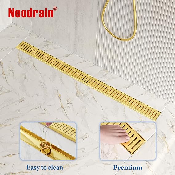 Neodrain 36 Gold Linear Shower Drain with Removable Capsule Pattern Grate | 304 Stainless Steel Rectangle Linear Shower Drain,with Adjustable Feet, Hair Strainer, CUPC Certified,Fits Bathroom & Balcony