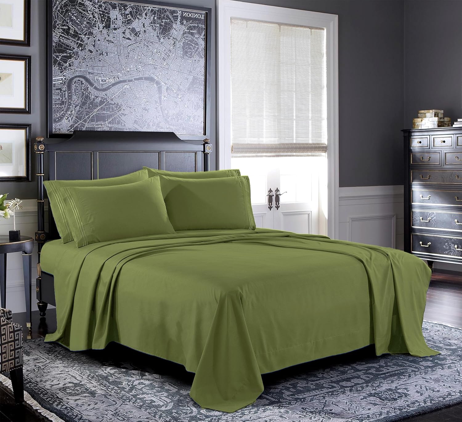 Pure Bedding Bed Sheets - Queen Sheet Set [4-Piece, Olive Green] - Hotel Luxury 1800 Brushed Microfiber - Soft and Breathable - Deep Pocket Fitted Sheet, Flat Sheet, Pillow Cases Olive Green Queen