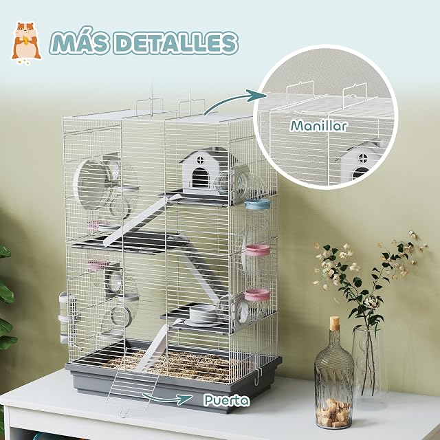 Foto 6 de 8 de PawHut Jaula para Hámster con Túnel para Hámsteres Enanos 47x30x70 cm Gris